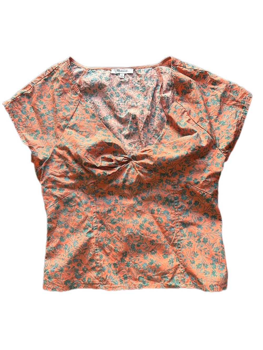 Madewell Cotton Orange Floral Twist-Front Short Sleeve Top
